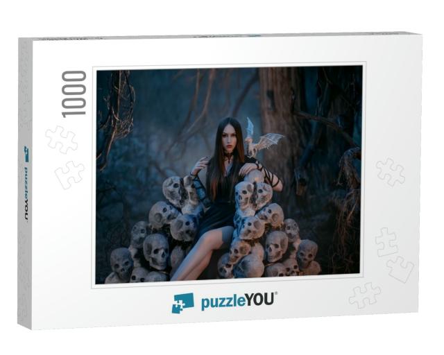 A Beautiful Sexy Vampire Woman Sits on a Throne of the Sk... Jigsaw Puzzle with 1000 pieces