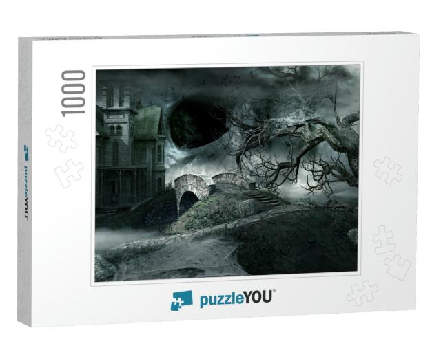 Gothic Scenery with Abandoned House & Creepy Tree. 3D Ill... Jigsaw Puzzle with 1000 pieces
