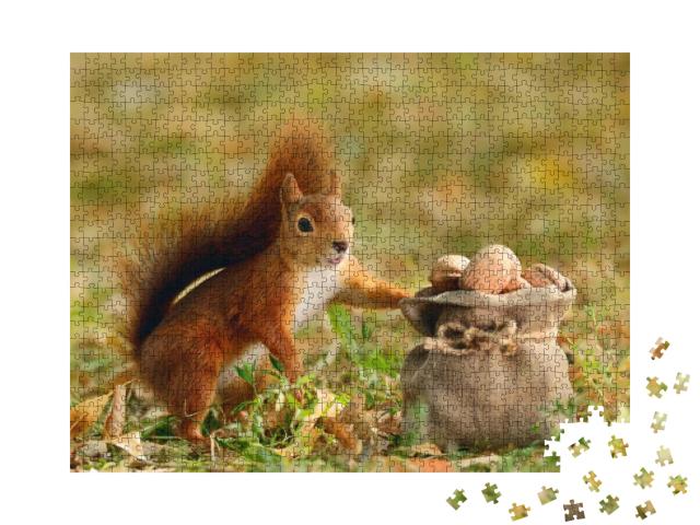 Portrait of a Red Squirrel Holding a Bag with Nuts... Jigsaw Puzzle with 1000 pieces