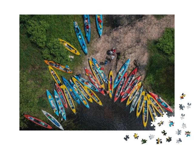 Camp & Pier of Tourist Kayaks - Top View Shot Over the Ri... Jigsaw Puzzle with 1000 pieces