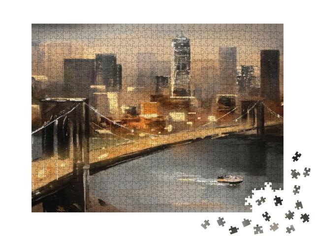 Oil Painting on Canvas - View of New York, River & Bridge... Jigsaw Puzzle with 1000 pieces