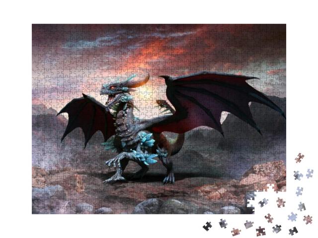 Blue Dragon Scene 3D Illustration... Jigsaw Puzzle with 1000 pieces
