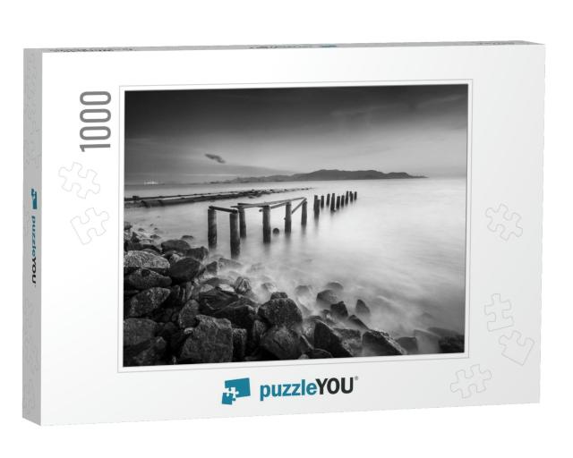 Fine Art Image in Black & White of Abandon Jetty At Pulau... Jigsaw Puzzle with 1000 pieces