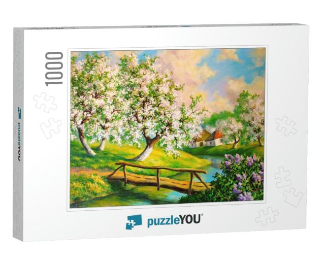 Spring Landscape with Flowering Gardens. Painting Oil on... Jigsaw Puzzle with 1000 pieces