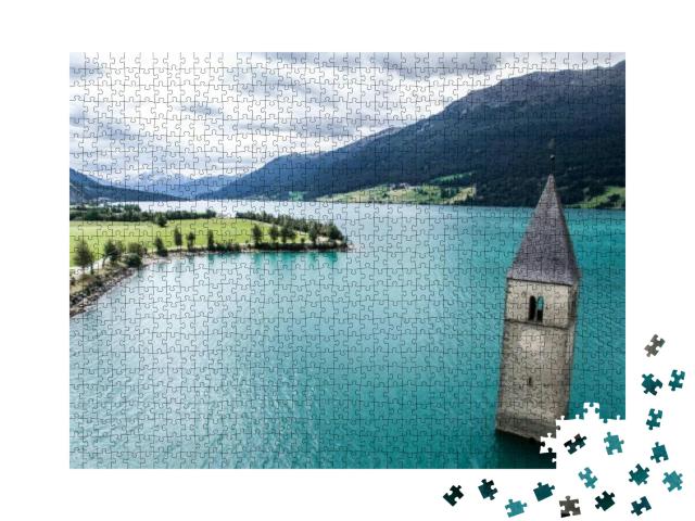 Beautiful Landscape with the Clock Tower in Reschensee. L... Jigsaw Puzzle with 1000 pieces