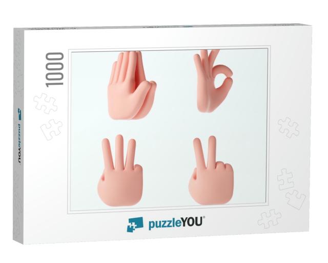 3D Cartoon Hand Gestures Icons Set on Isolated White Back... Jigsaw Puzzle with 1000 pieces