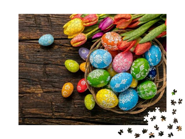Easter Eggs & Tulips on Wooden Planks... Jigsaw Puzzle with 1000 pieces