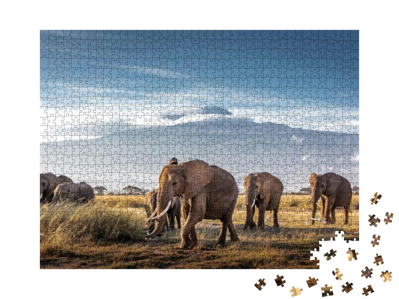 Herd of Large African Elephants Walking in Front of Mount... Jigsaw Puzzle with 1000 pieces