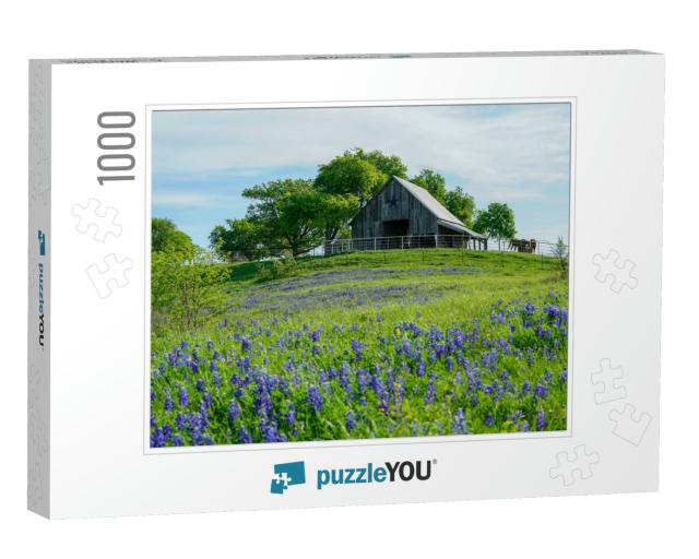 View of Old Barn with Bluebonnet Wildflowers Along Countr... Jigsaw Puzzle with 1000 pieces