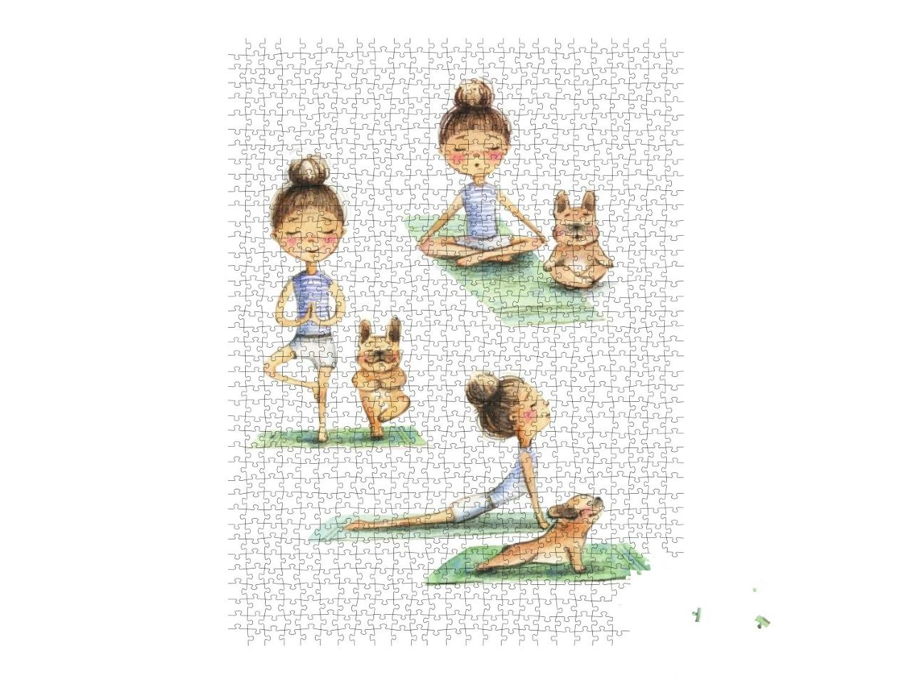 Cartoon Girl Doing Yoga with Her Dog French B... Jigsaw Puzzle with 1000 pieces