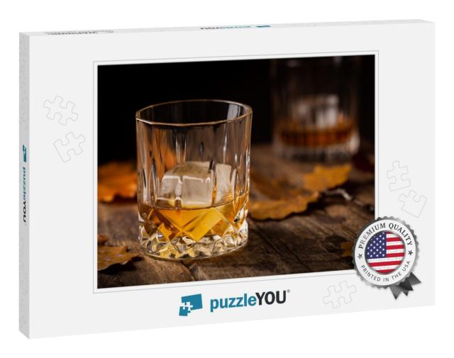 Glass of Scotch Whiskey & Ice on Wooden Background with A... Jigsaw Puzzle