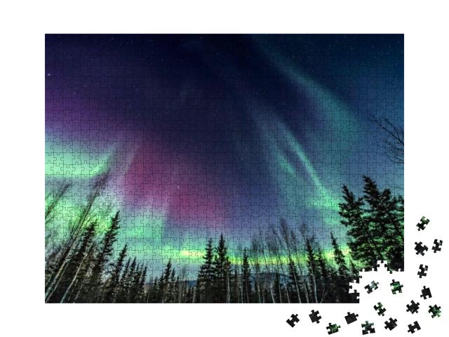 Purple & Green Northern Lights Swirling Over Pine Trees... Jigsaw Puzzle with 1000 pieces