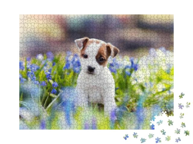 White Jack Russell Terrier Puppy Sitting Among Blue Flowe... Jigsaw Puzzle with 1000 pieces