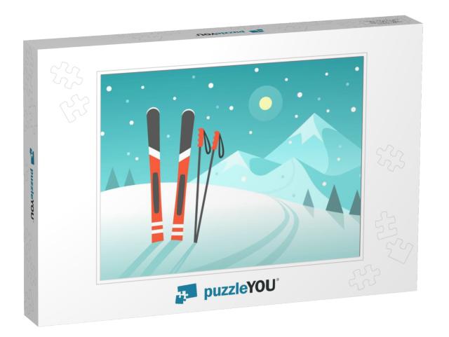 Skiing in the mountains. Vector illustration in tr Jigsaw Puzzle