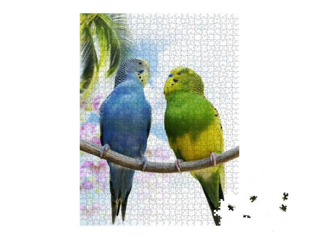 Two Budgerigars Perching on a Branch... Jigsaw Puzzle with 1000 pieces