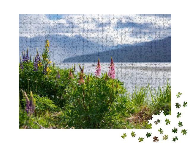 Lupins by the Lake & Mountains... Jigsaw Puzzle with 1000 pieces
