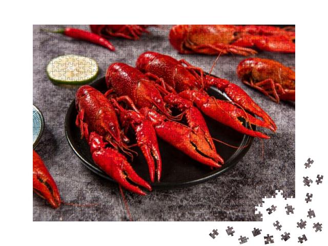 Boiled Red Crawfish or Crayfish in Plate on Table... Jigsaw Puzzle with 1000 pieces
