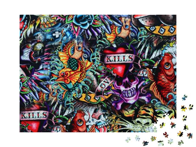 Grunge Wall Tattoo Style Skull Colorful... Jigsaw Puzzle with 1000 pieces