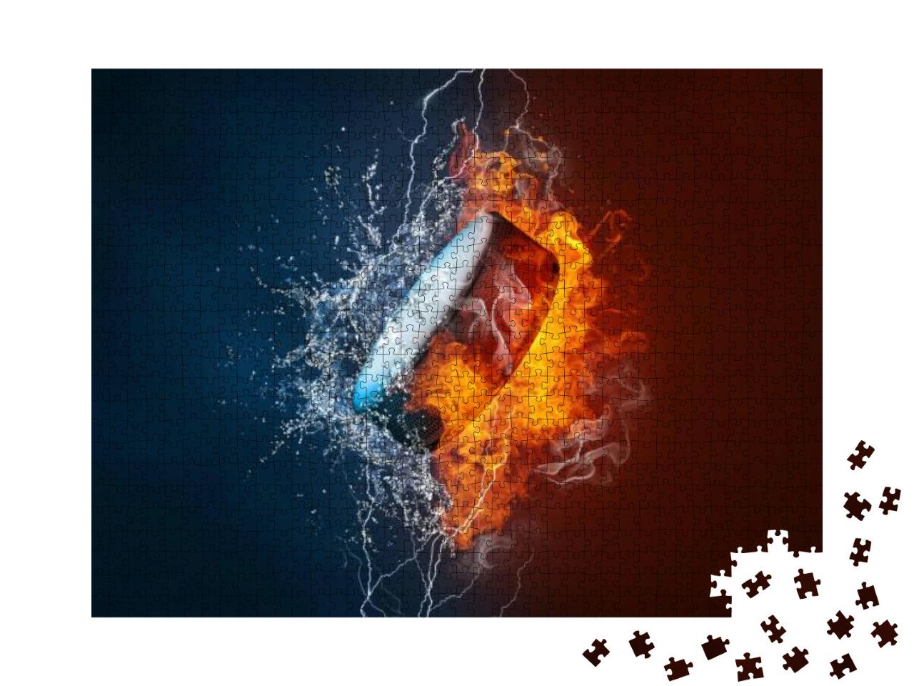 Ice Hockey Puck Exploding by Elements Fire & Water. Backg... Jigsaw Puzzle with 1000 pieces