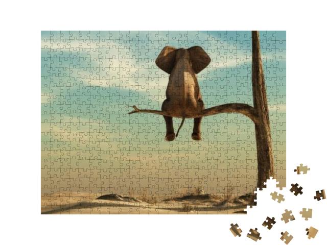Elephant Stands on Thin Branch of Withered Tree in Surrea... Jigsaw Puzzle with 500 pieces