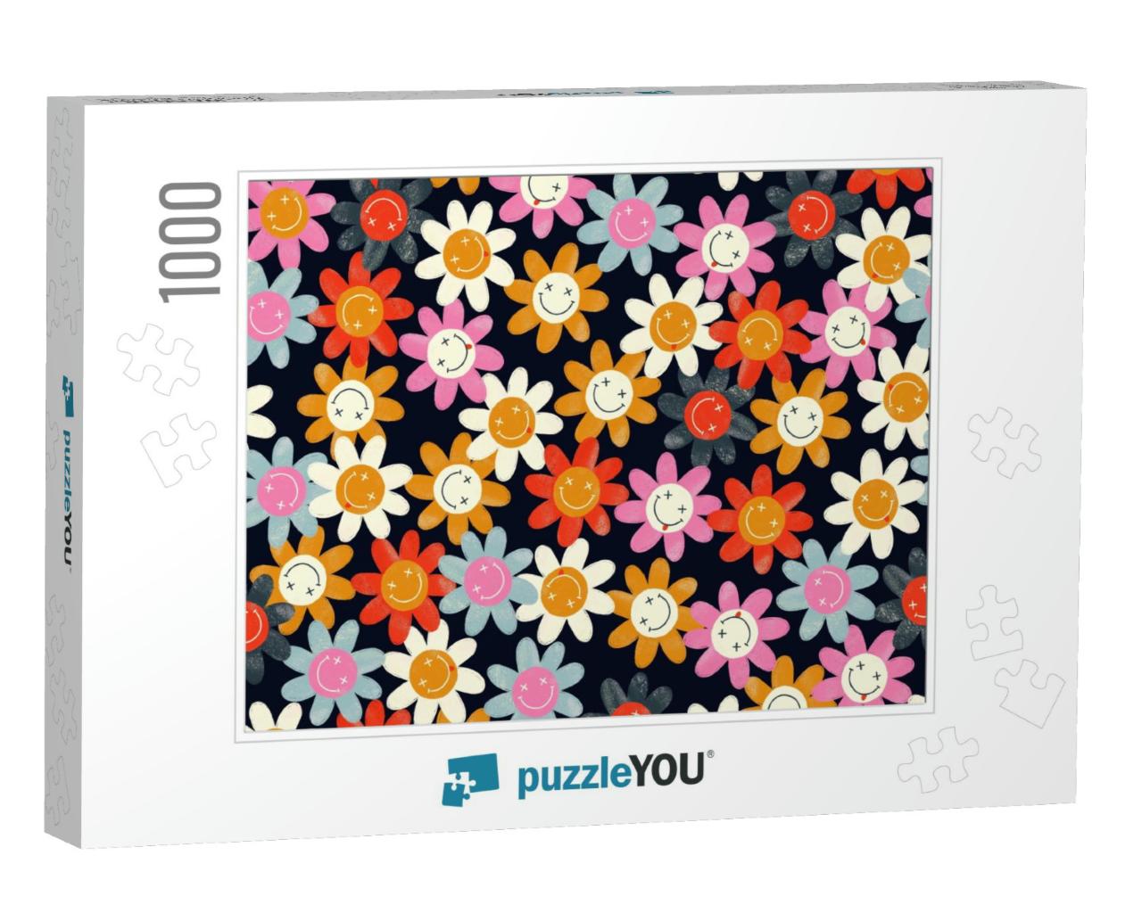 Pattern with Cheerful Colorful Flowers on Black. Crossed... Jigsaw Puzzle with 1000 pieces