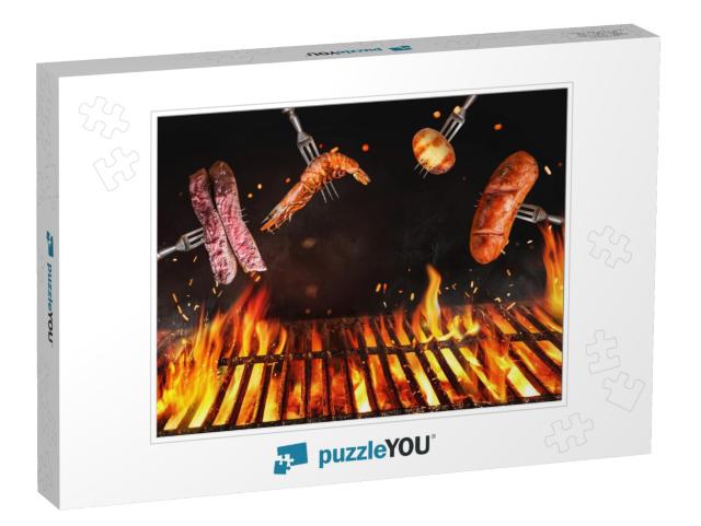 Fire embers particles over black background. Gril Jigsaw Puzzle