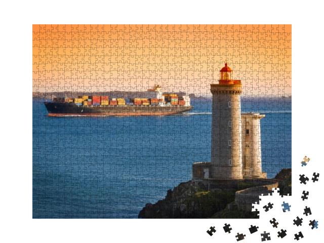 Phare Du Petit Minou with Container Ship, Brittany, Franc... Jigsaw Puzzle with 1000 pieces