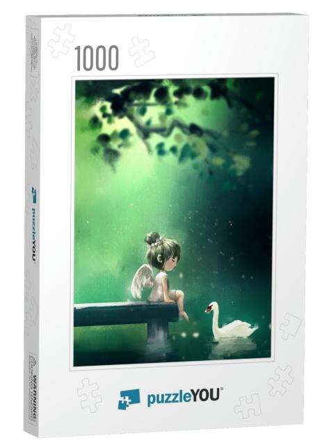 Digital Art Painting of Little Girl in Angel Dress Sittin... Jigsaw Puzzle with 1000 pieces