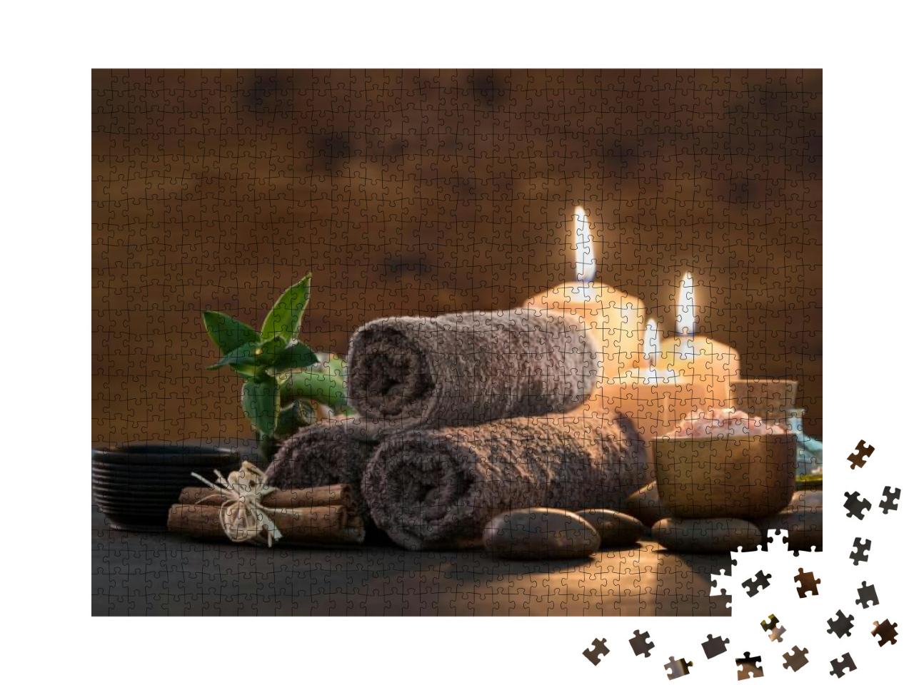 Brown Towels with Bamboo & Candles for Relax Spa Massage... Jigsaw Puzzle with 1000 pieces