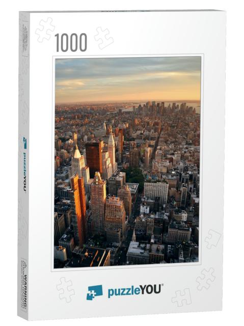 New York City Manhattan Sunset Skyline Aerial View with O... Jigsaw Puzzle with 1000 pieces