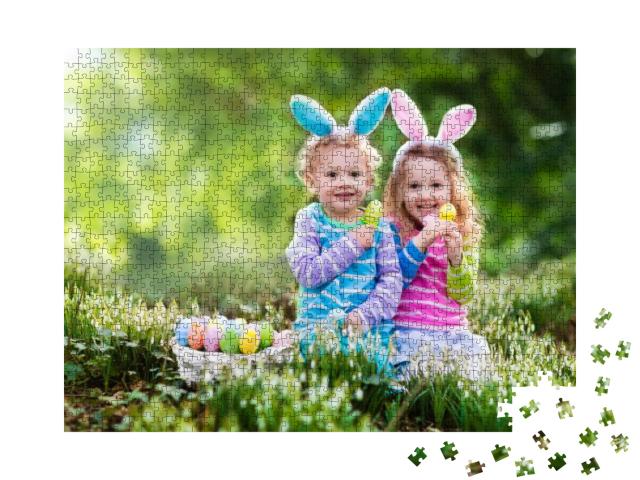 Kids on Easter Egg Hunt in Blooming Spring Garden. Childr... Jigsaw Puzzle with 1000 pieces
