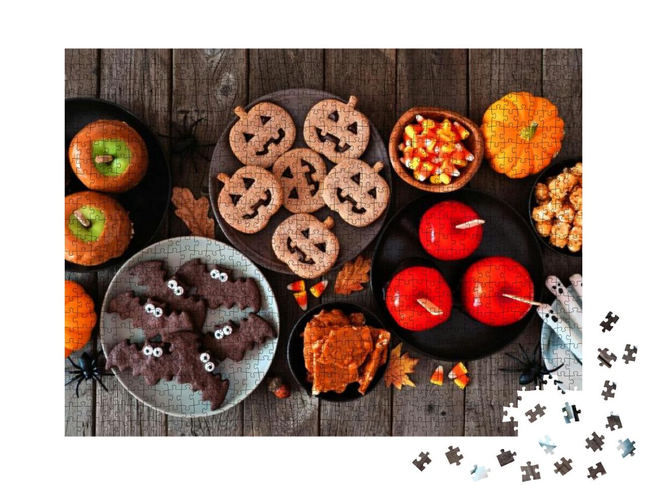 Rustic Halloween Treat Table Scene Over a Dark Wood Backg... Jigsaw Puzzle with 1000 pieces