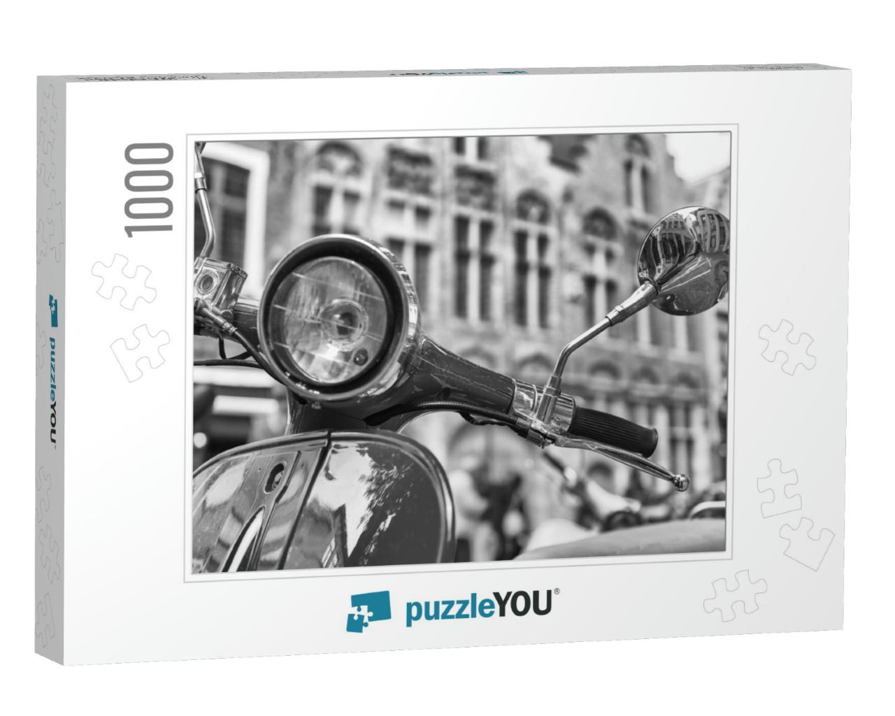 Old Fashioned Scooter in City Center, Black & White View... Jigsaw Puzzle with 1000 pieces
