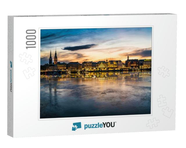 Hamburg Cityscape with Alster Lake At Sunset Panorama... Jigsaw Puzzle with 1000 pieces