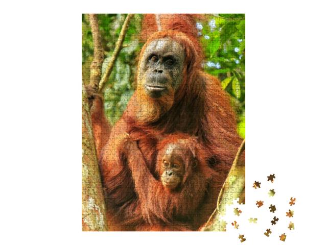Female Sumatran Orangutan with a Baby Sitting on a Tree i... Jigsaw Puzzle with 1000 pieces