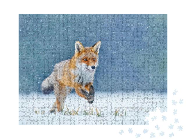 Fox on the Winter Forest Meadow, with White Snow. Red Fox... Jigsaw Puzzle with 1000 pieces