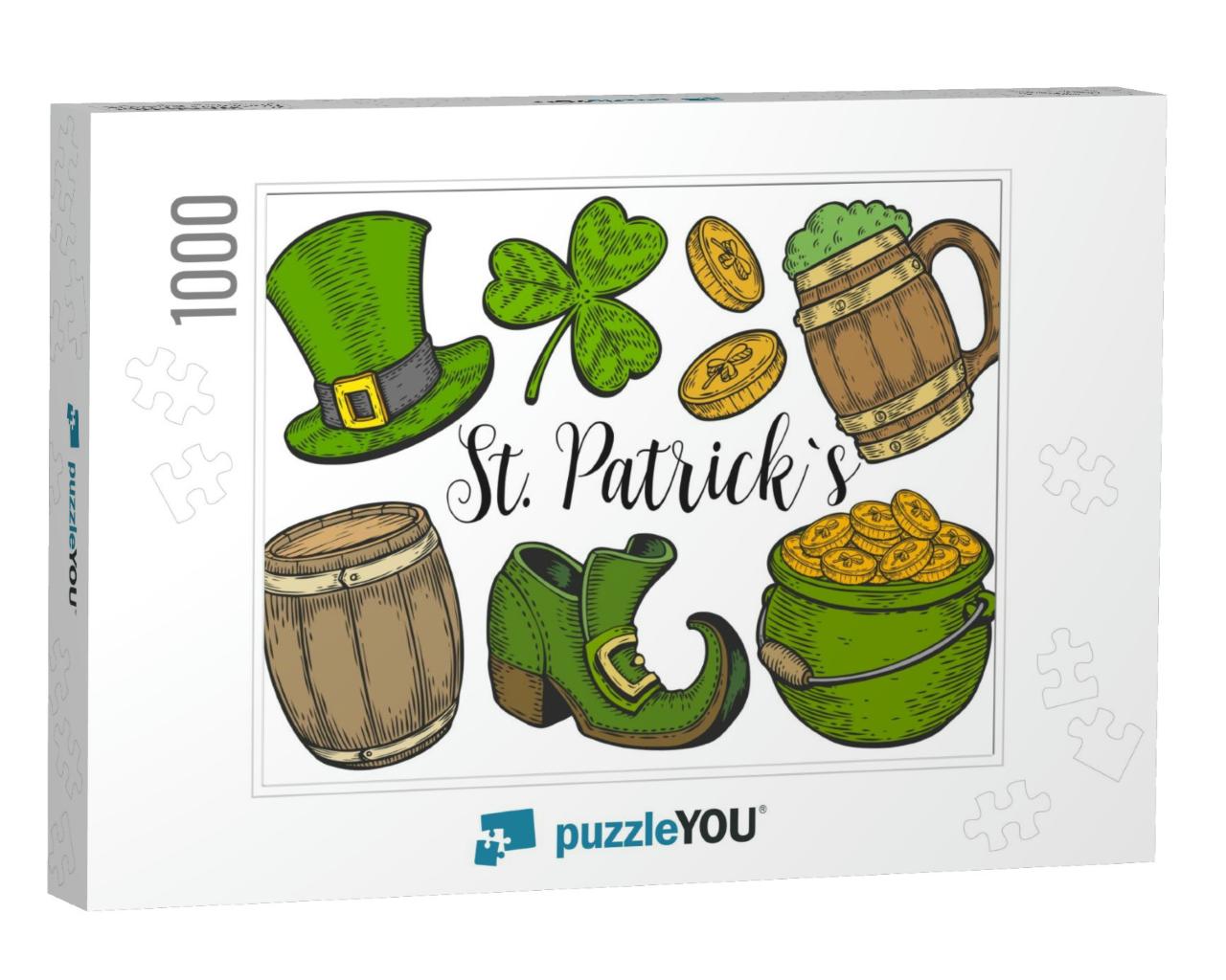 Hand Drawn Leprechaun Hat, Clover, Beer Mug, Barre... Jigsaw Puzzle with 1000 pieces