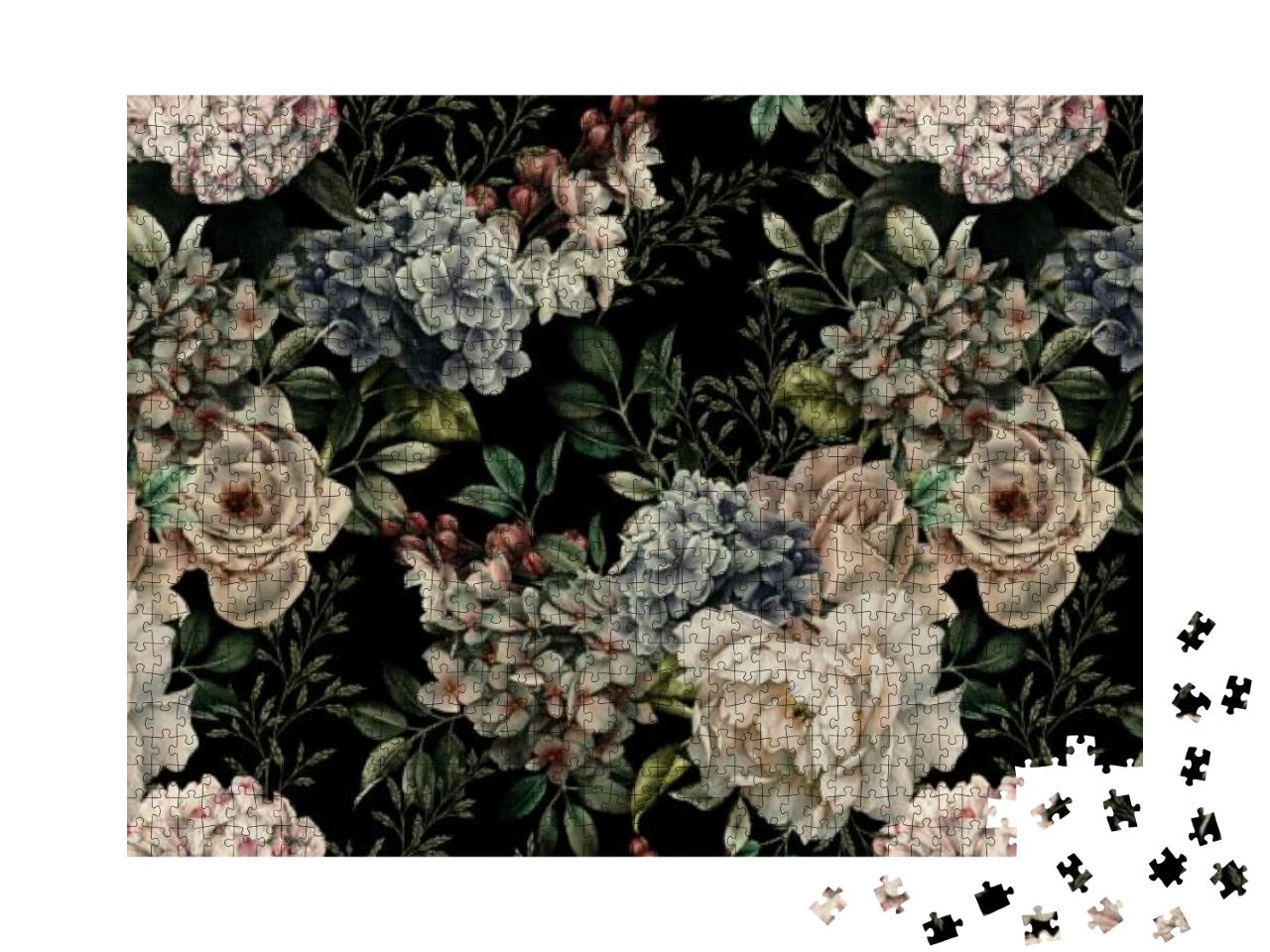 Seamless Floral Pattern with Flowers on Dark Background... Jigsaw Puzzle with 1000 pieces