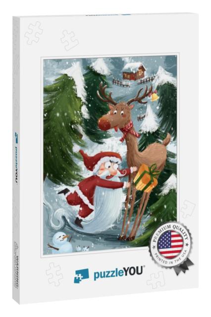 Funny Christmas Illustration Including Santa Claus & Reindeer... Jigsaw Puzzle