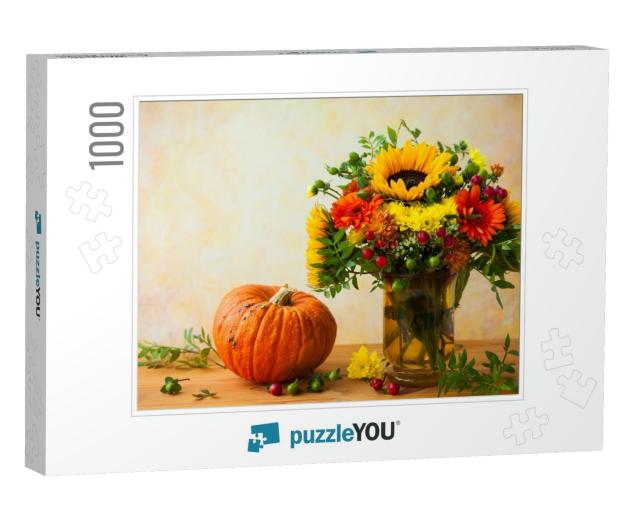 Autumn Still Life with Flowers & Pumpkin... Jigsaw Puzzle with 1000 pieces