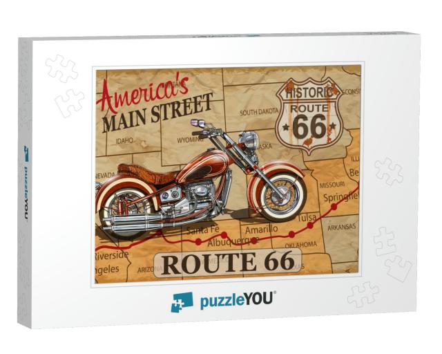 Vintage Route 66 Motorcycle Poster... Jigsaw Puzzle
