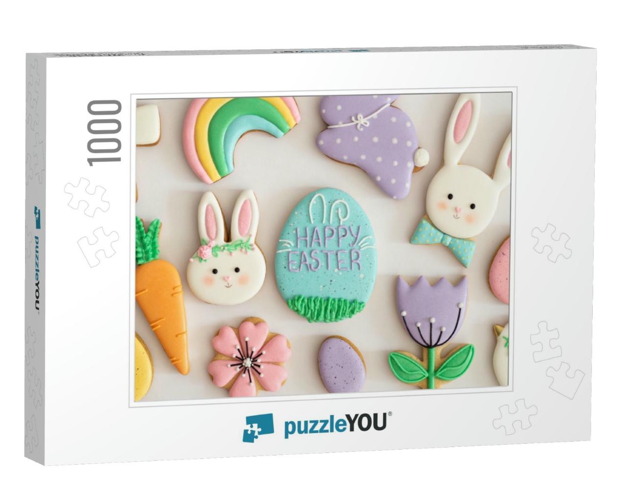 Happy Easter. Multicolored Pastel Easter Cookies on a Whi... Jigsaw Puzzle with 1000 pieces