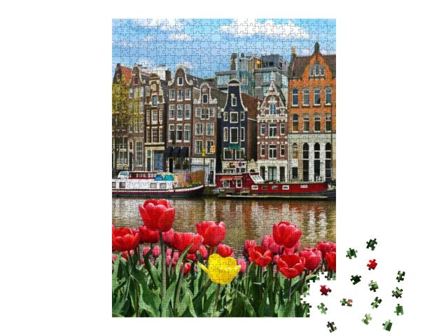 Beautiful Landscape with Tulips & Houses in Amsterdam, Ho... Jigsaw Puzzle with 1000 pieces