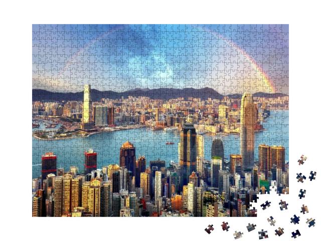 Rainbow Over Hong Kong City Skyline... Jigsaw Puzzle with 1000 pieces