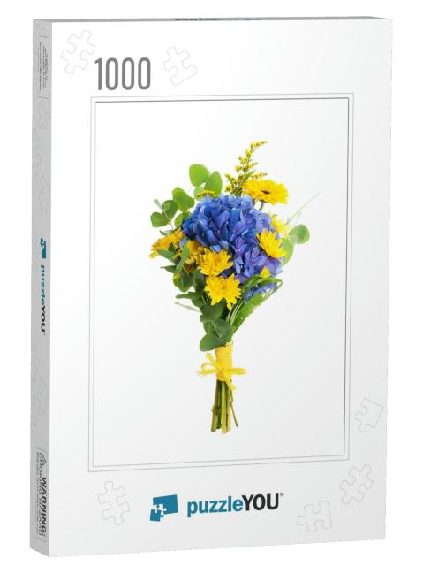 Bouquet from Blue Hydrangeas & Yellow Asters, a Flower Ba... Jigsaw Puzzle with 1000 pieces