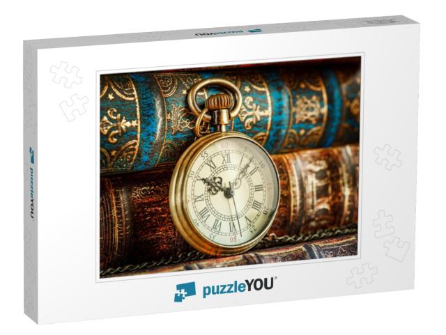 Vintage Antique Pocket Watch on the Background of Old Boo... Jigsaw Puzzle