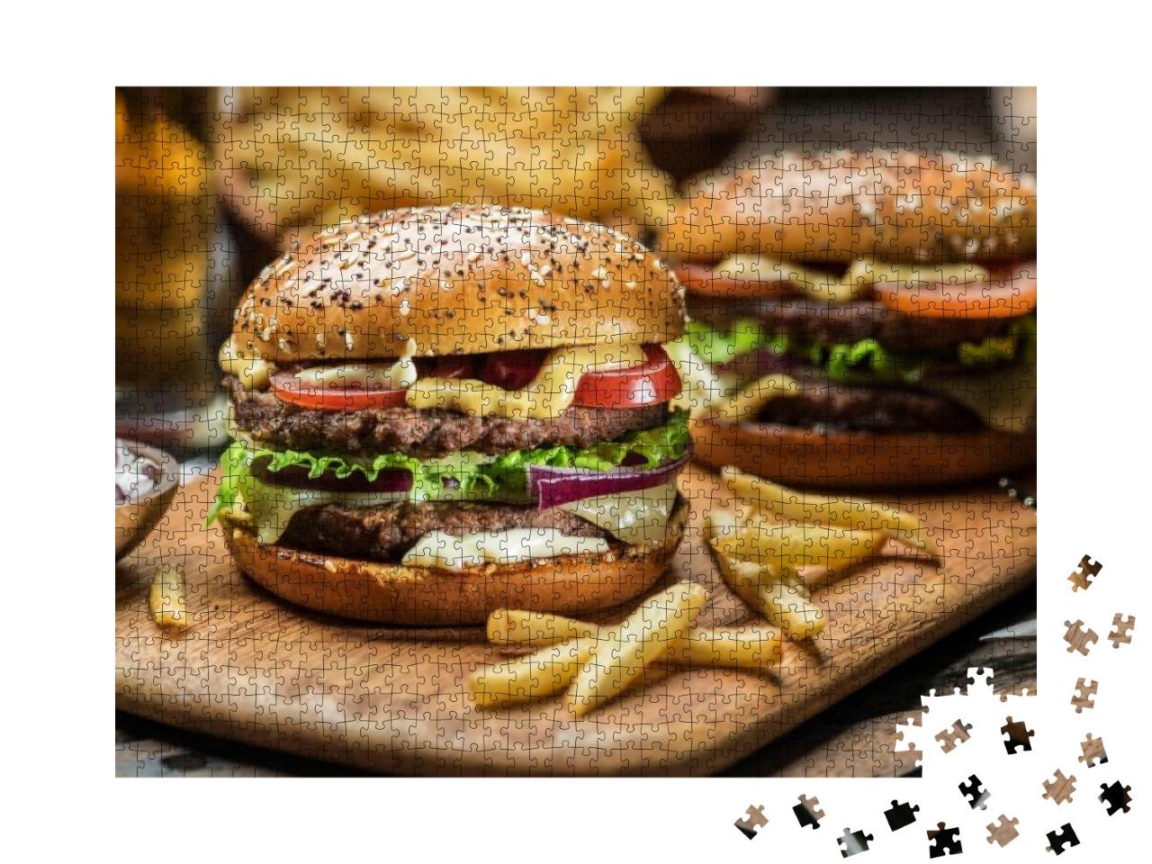 Hamburgers & French Fries on the Wooden Tray... Jigsaw Puzzle with 1000 pieces