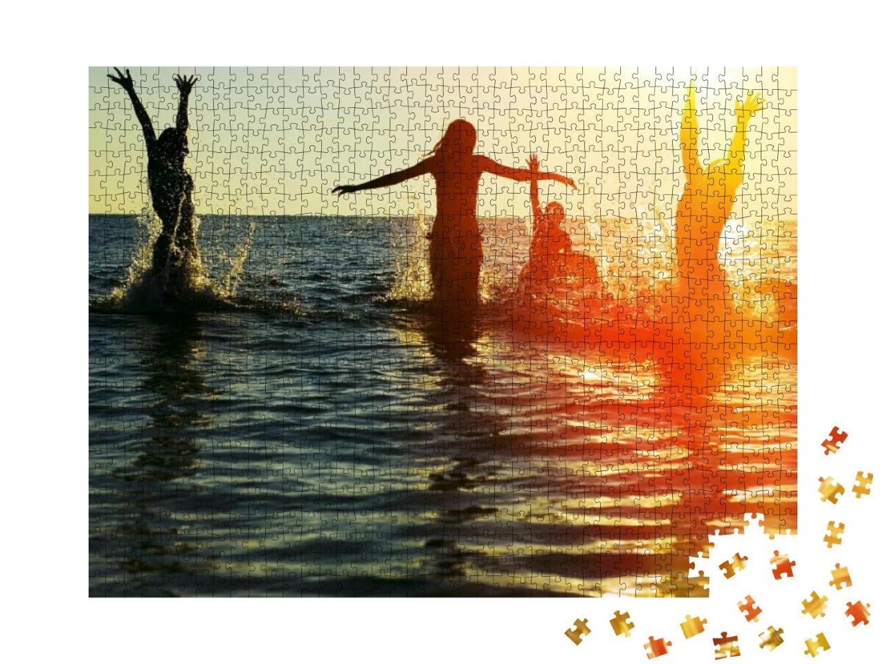 Silhouettes of Young Group of People Jumping in Ocean At... Jigsaw Puzzle with 1000 pieces