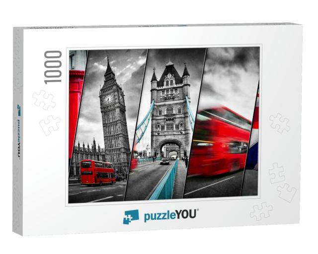 Collage of the Symbols of London, the Uk. Red Buses, Big... Jigsaw Puzzle with 1000 pieces