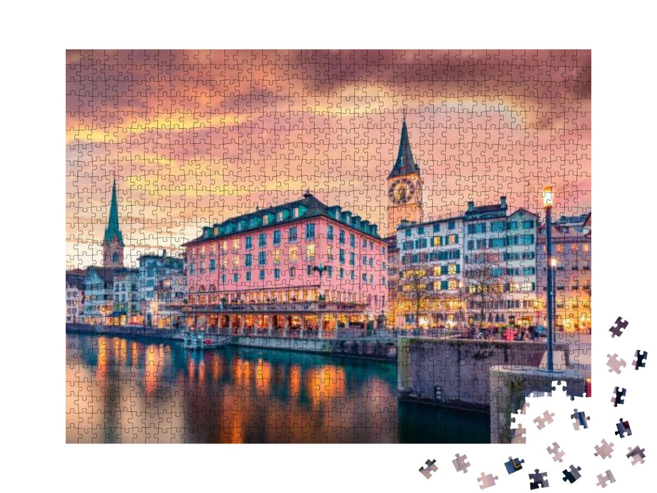 Astonishing Evening View of Bell of Fraumunster Church. S... Jigsaw Puzzle with 1000 pieces
